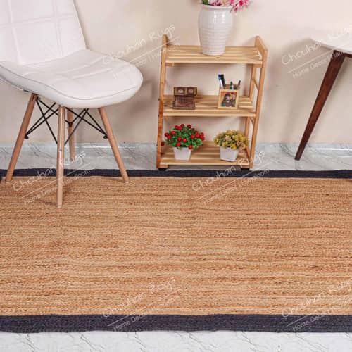 3x5 Feet Handmade Square Jute Rug with Blue Border