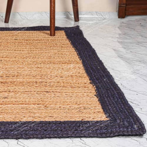 3x5 Feet Handmade Square Jute Rug with Blue Border