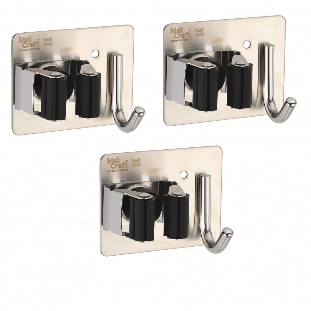 Wall Mounted Single Broom Holder  (Silver-Black OF 3 PCS) - photo