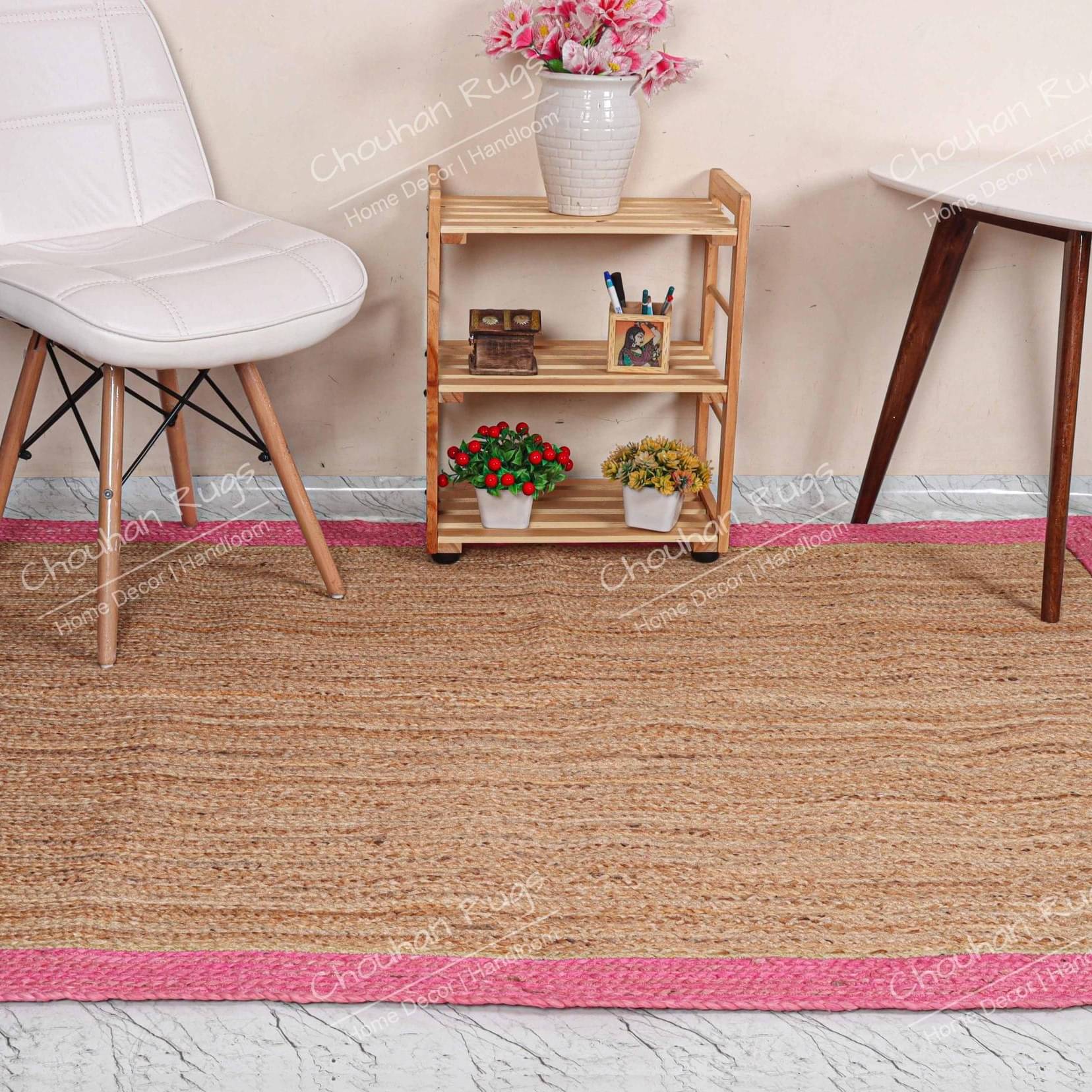 3x5 Feet Handwoven Natural Jute Rug with Pink Border