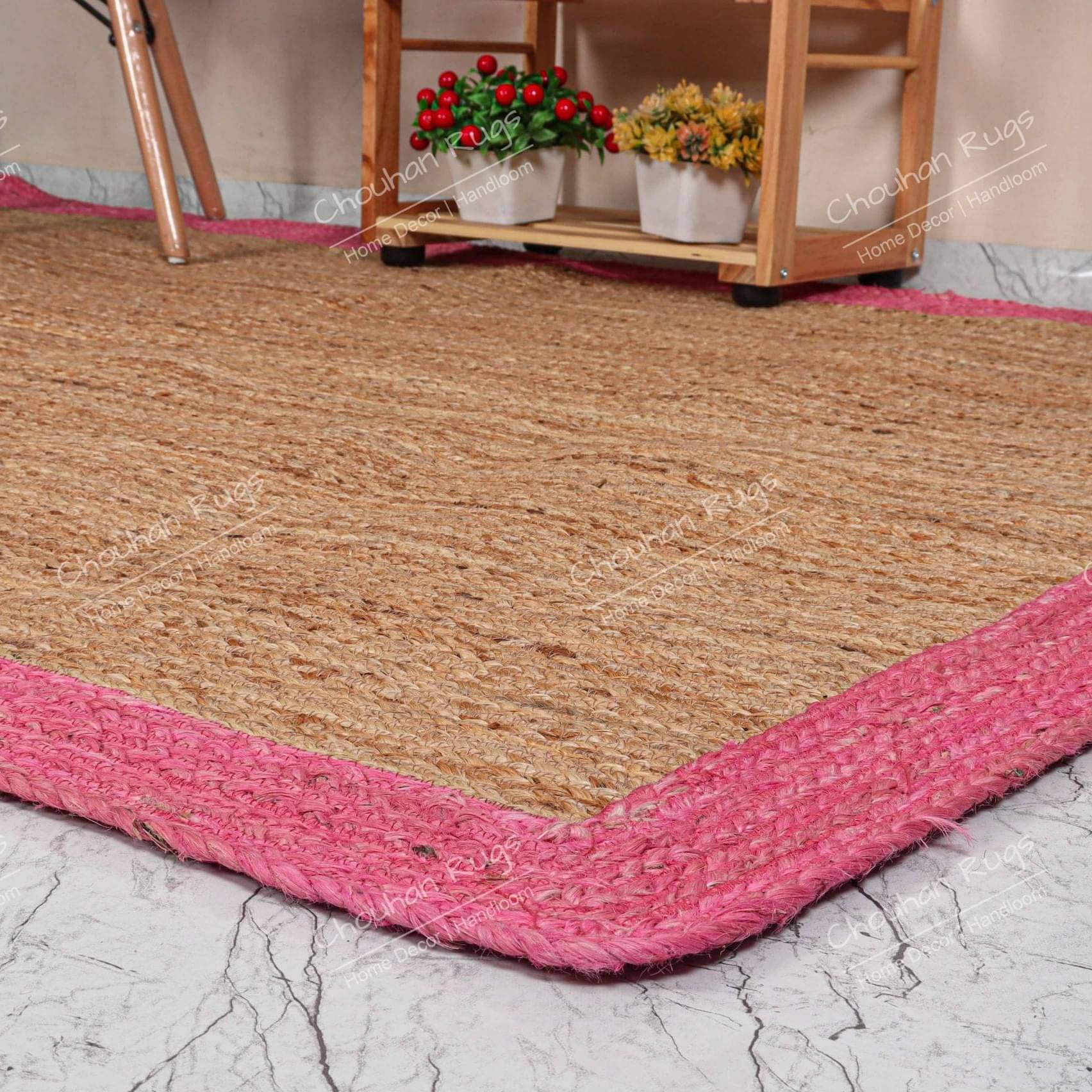 3x5 Feet Handwoven Natural Jute Rug with Pink Border