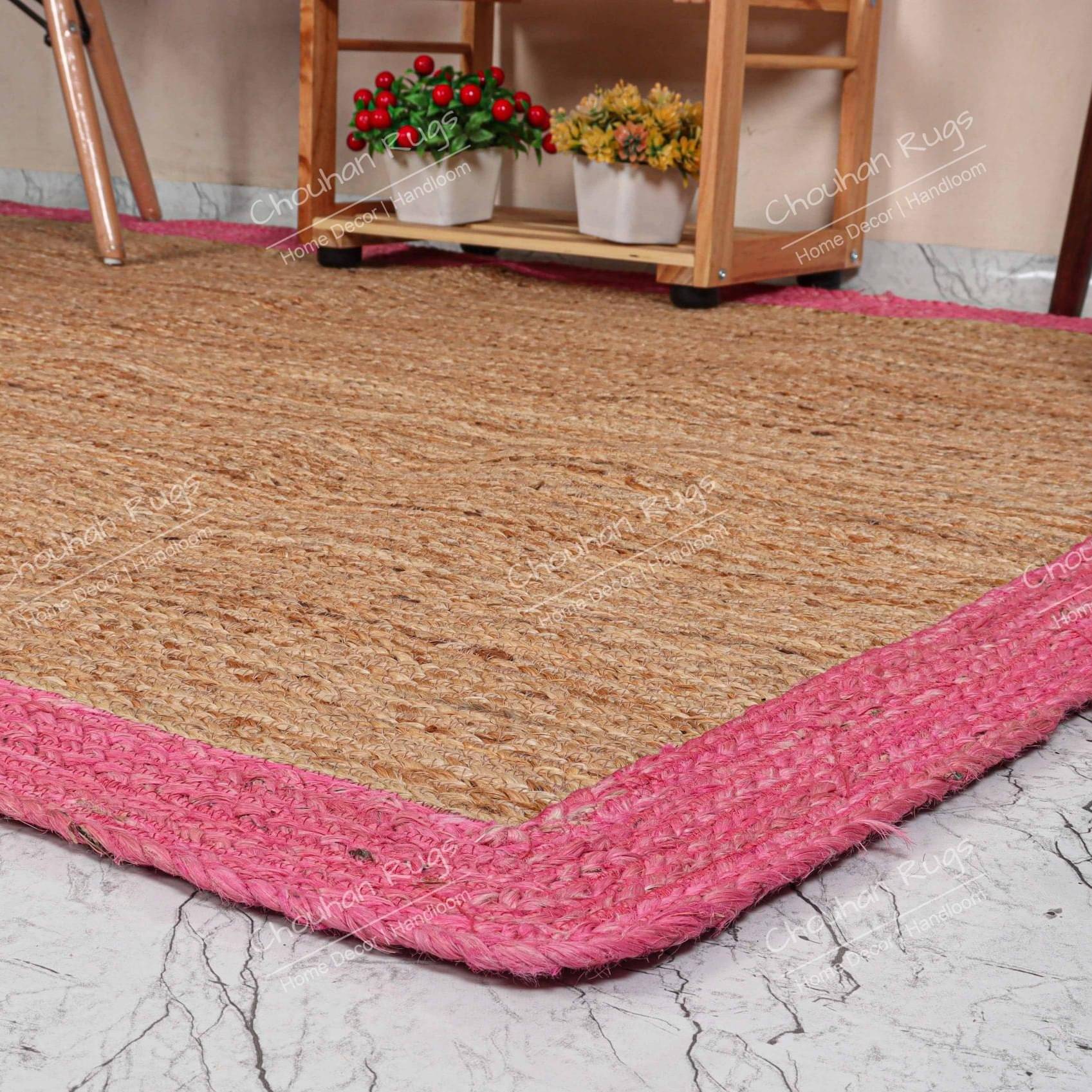 3x5 Feet Handwoven Natural Jute Rug with Pink Border