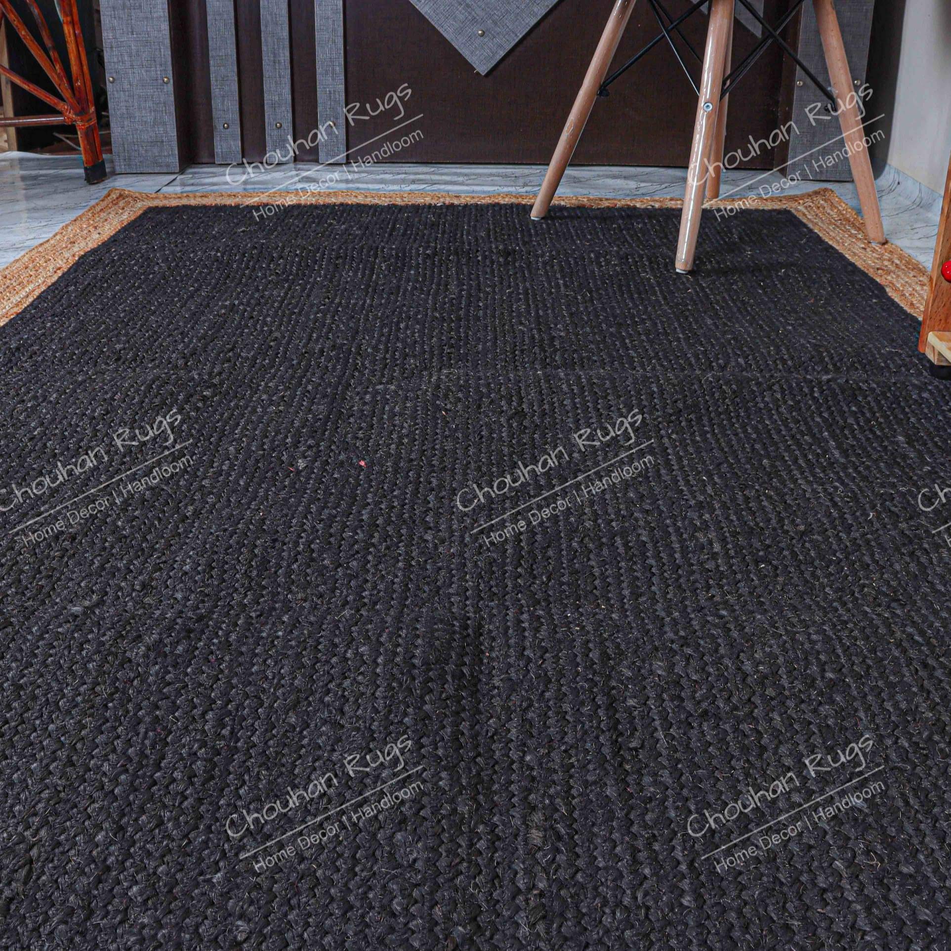 3x5 Feet braided Black with Natural Border Decorative Jute Rug