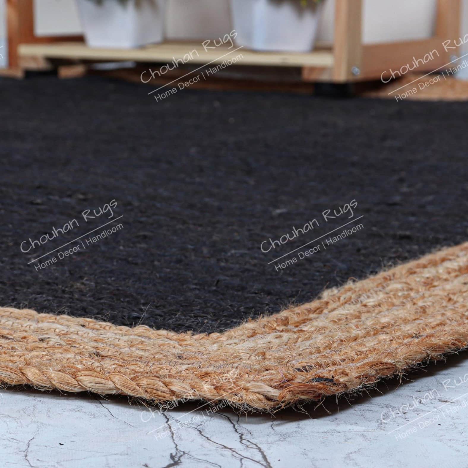 3x5 Feet braided Black with Natural Border Decorative Jute Rug - top_view