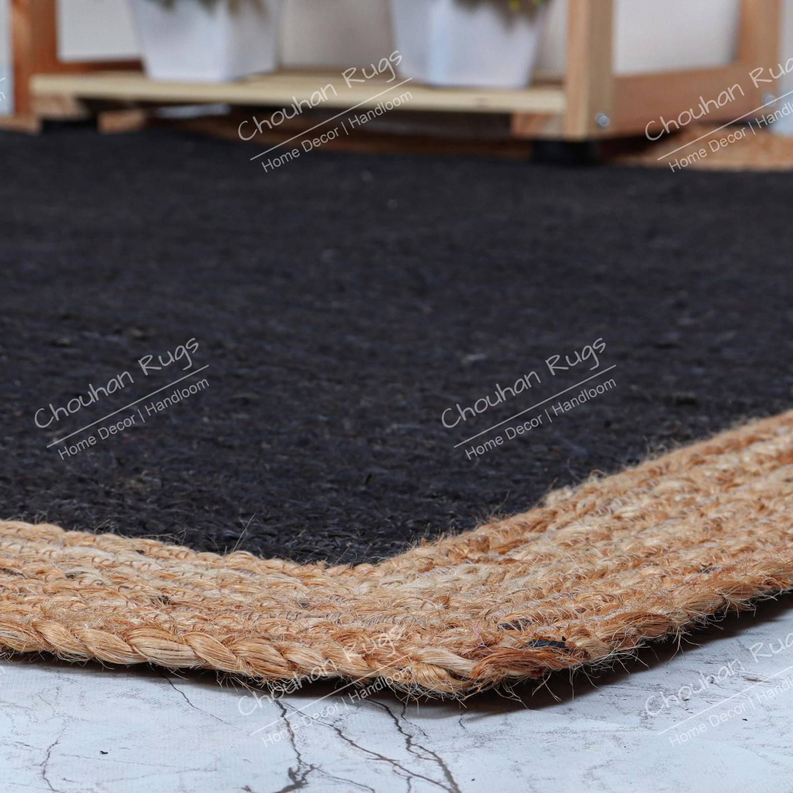 3x5 Feet braided Black with Natural Border Decorative Jute Rug