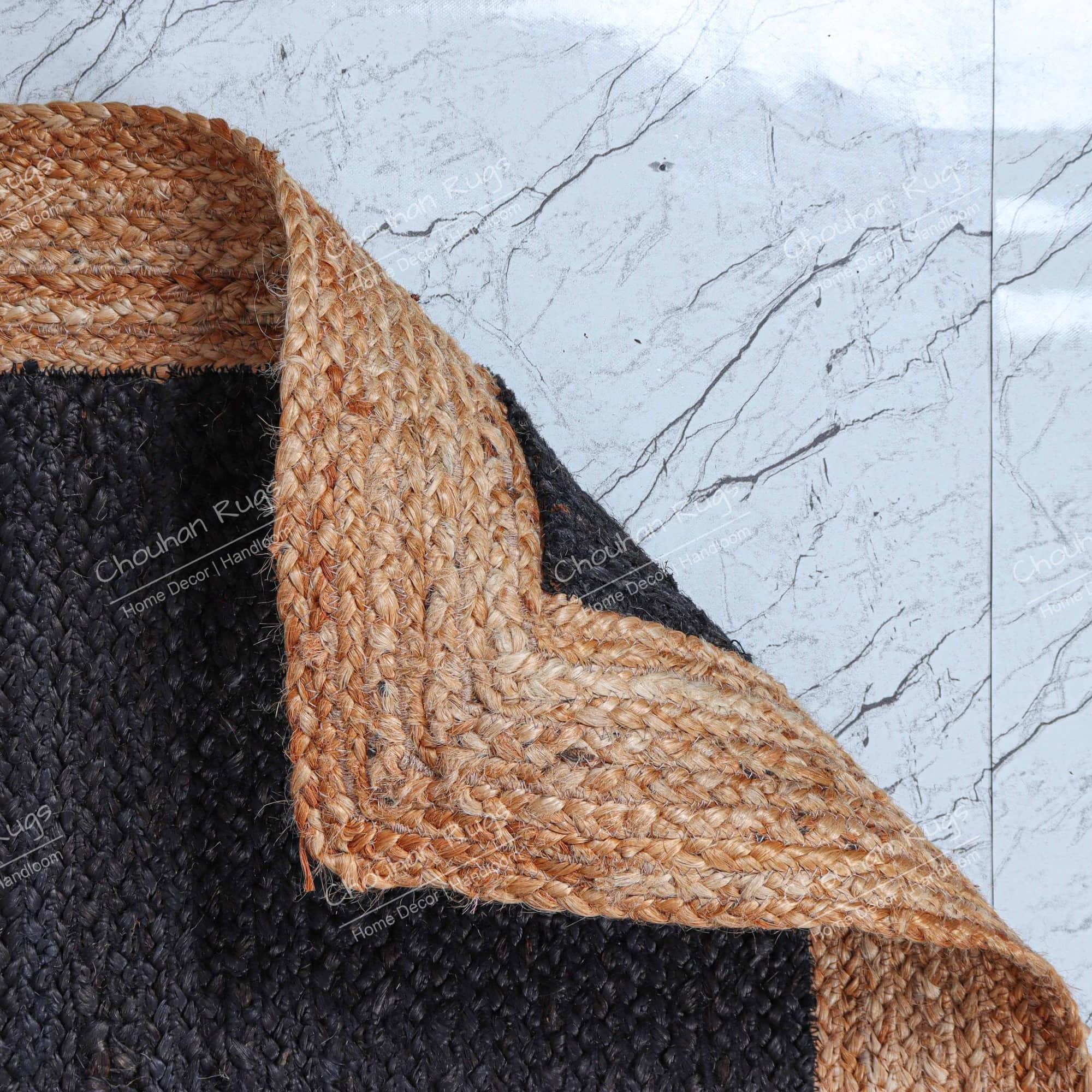 3x5 Feet braided Black with Natural Border Decorative Jute Rug - rear_view
