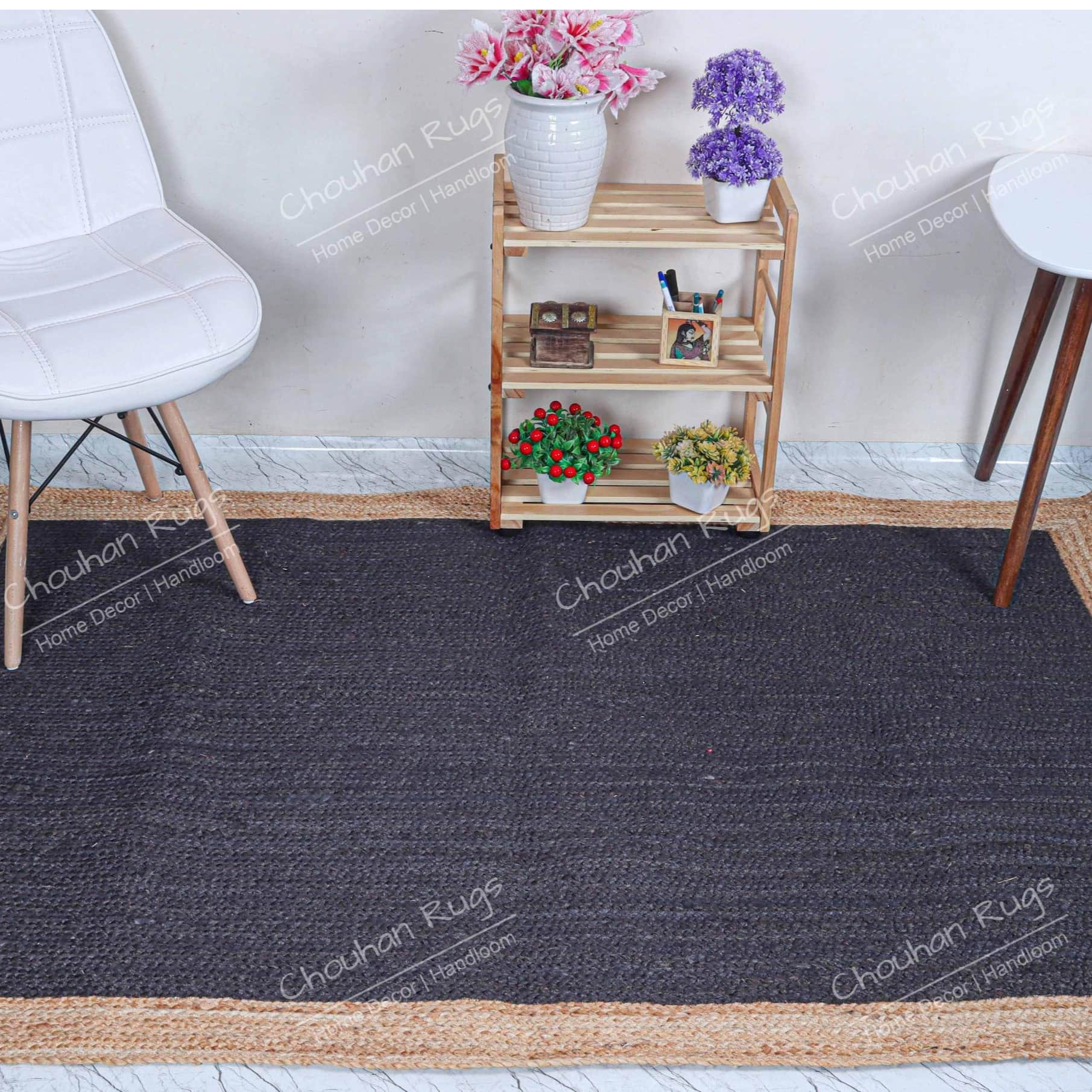 3x5 Feet braided Black with Natural Border Decorative Jute Rug - right_view