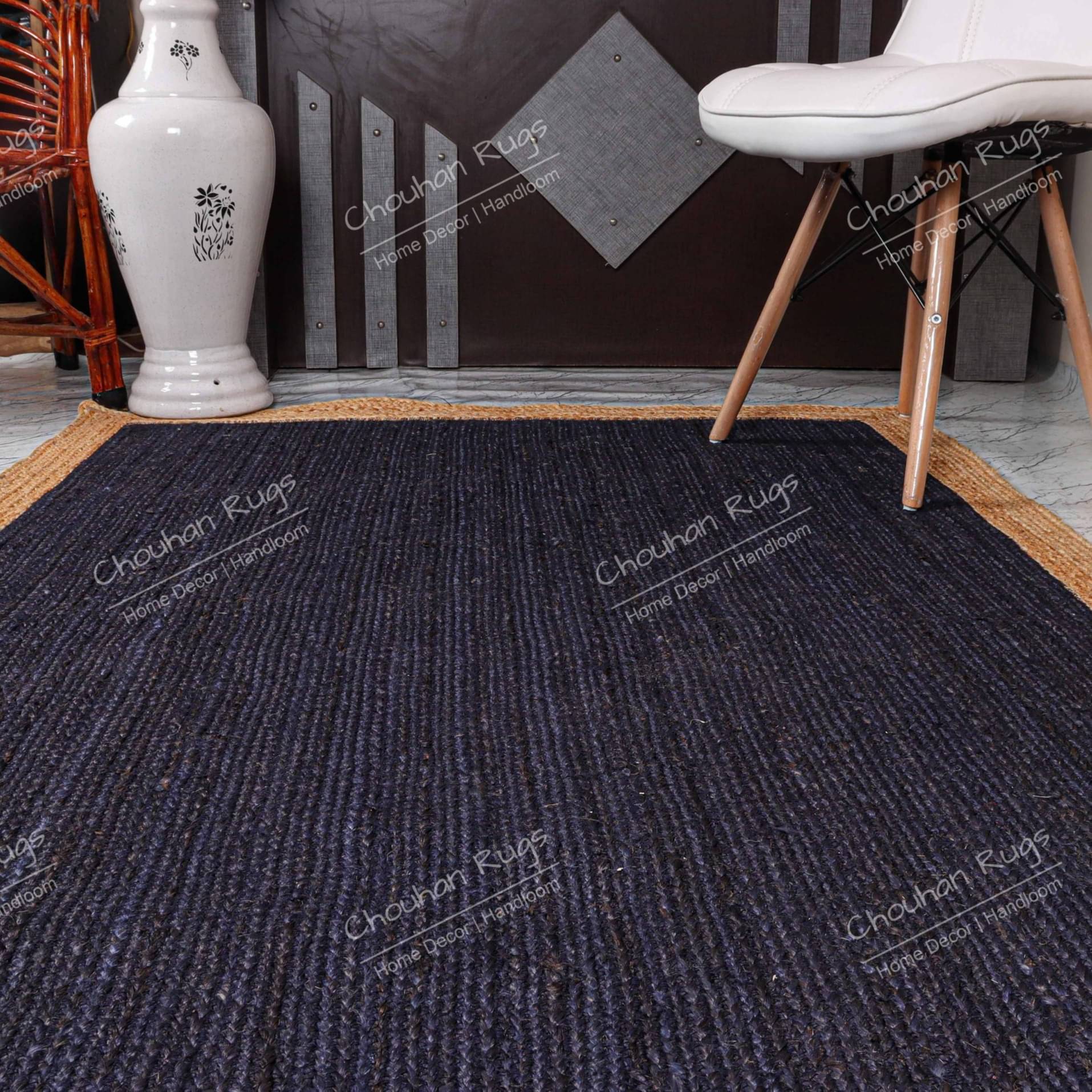 3x5 Feet Flore Area Jute Rug Blue with Natural Border
