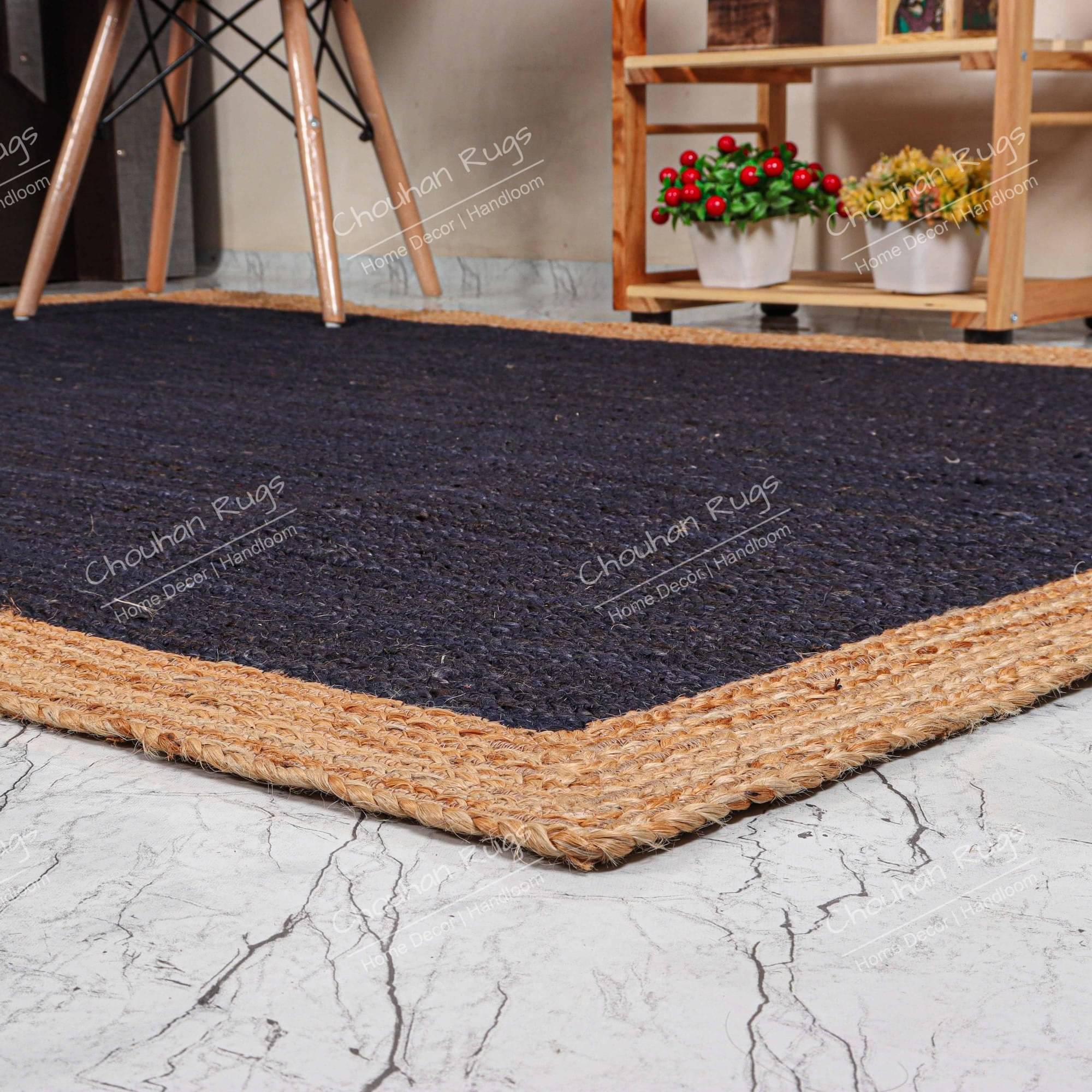 3x5 Feet Flore Area Jute Rug Blue with Natural Border