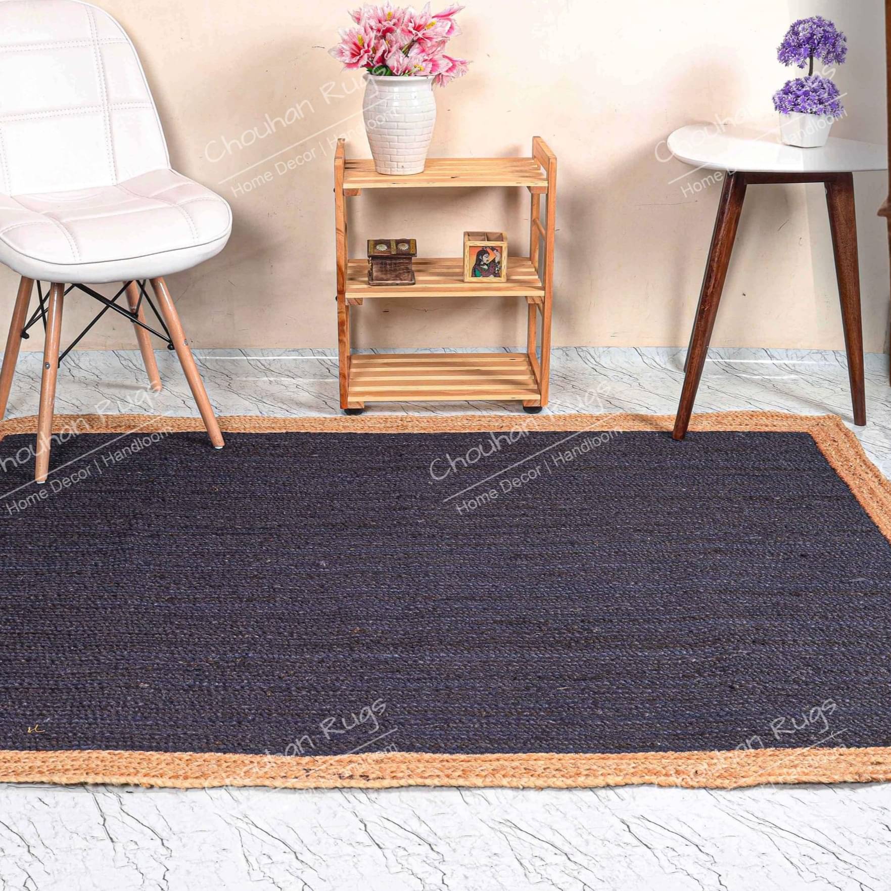 3x5 Feet Flore Area Jute Rug Blue with Natural Border