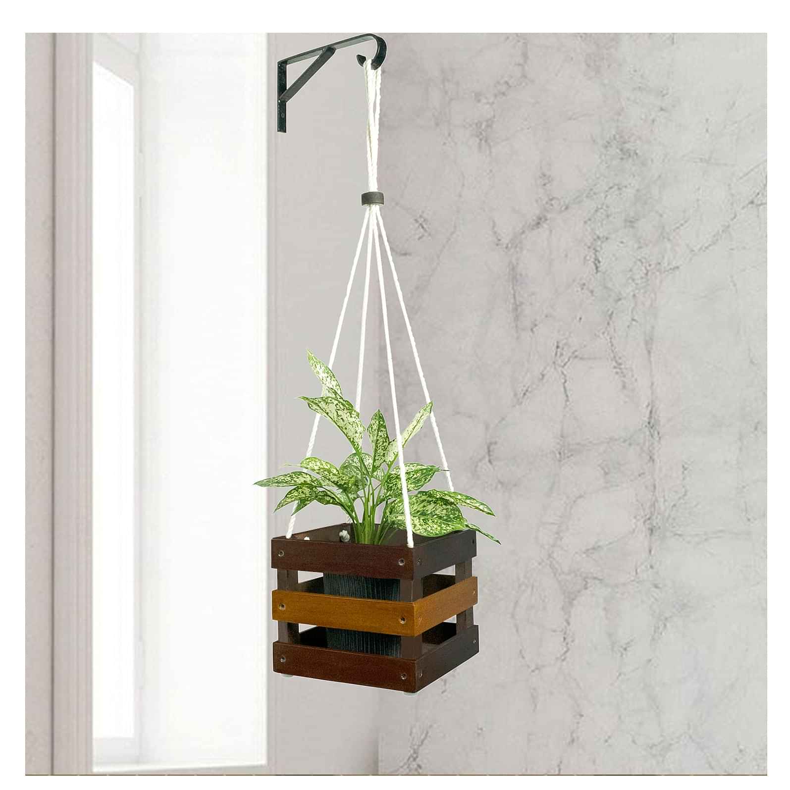 Rosewood & Oak Yellow Wood Polymer Composite Hanging Square Crate  Planter Stand - photo
