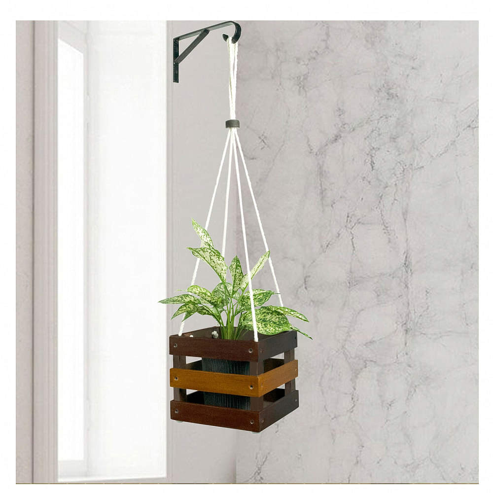 Rosewood & Oak Yellow Wood Polymer Composite Hanging Square Crate  Planter Stand - photo