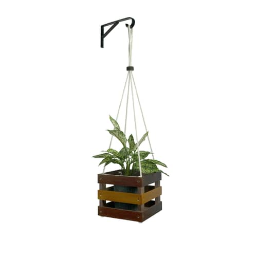 Rosewood & Oak Yellow Wood Polymer Composite Hanging Square Crate  Planter Stand