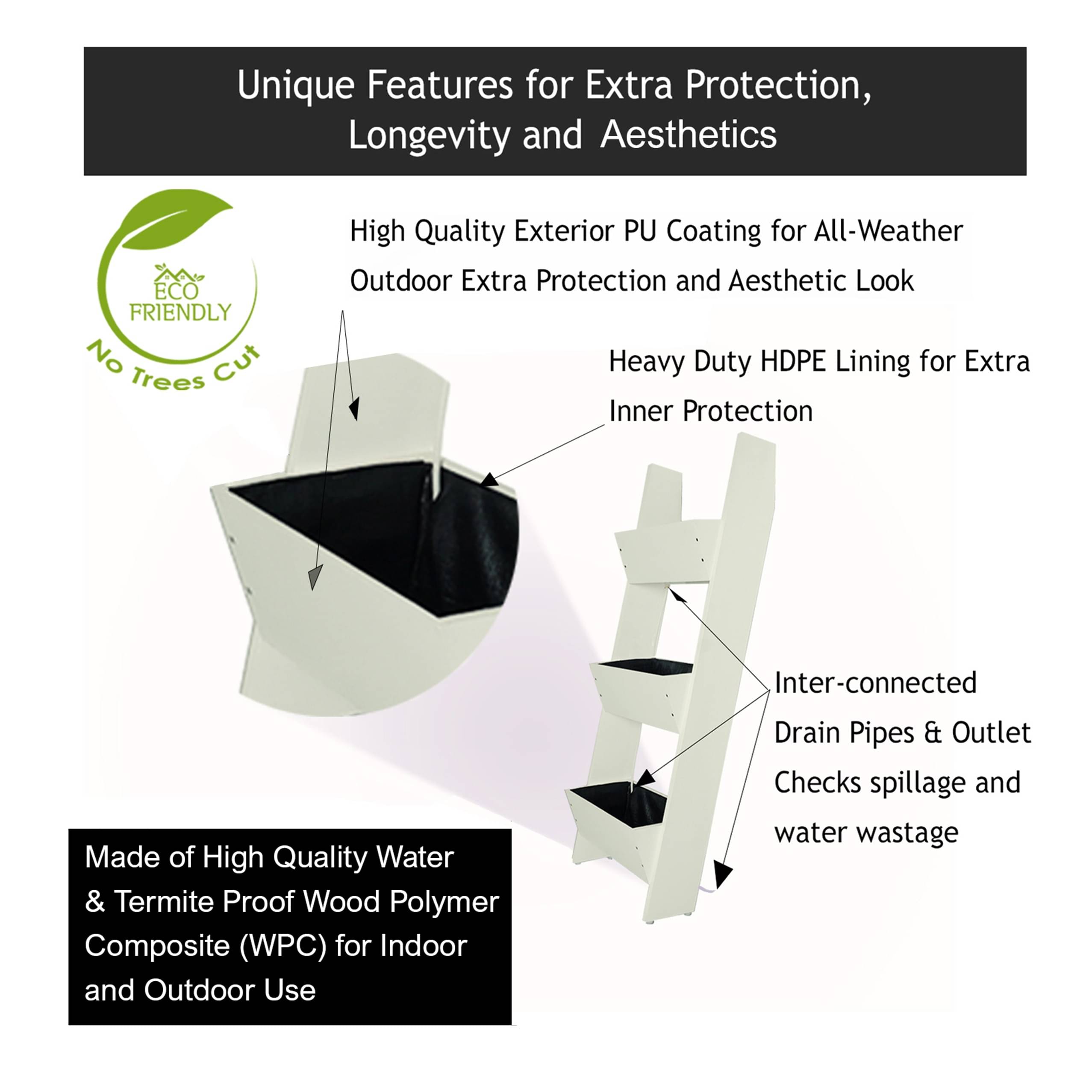 White Premium  Wood Polymer Composite Three Step Ladder Planter