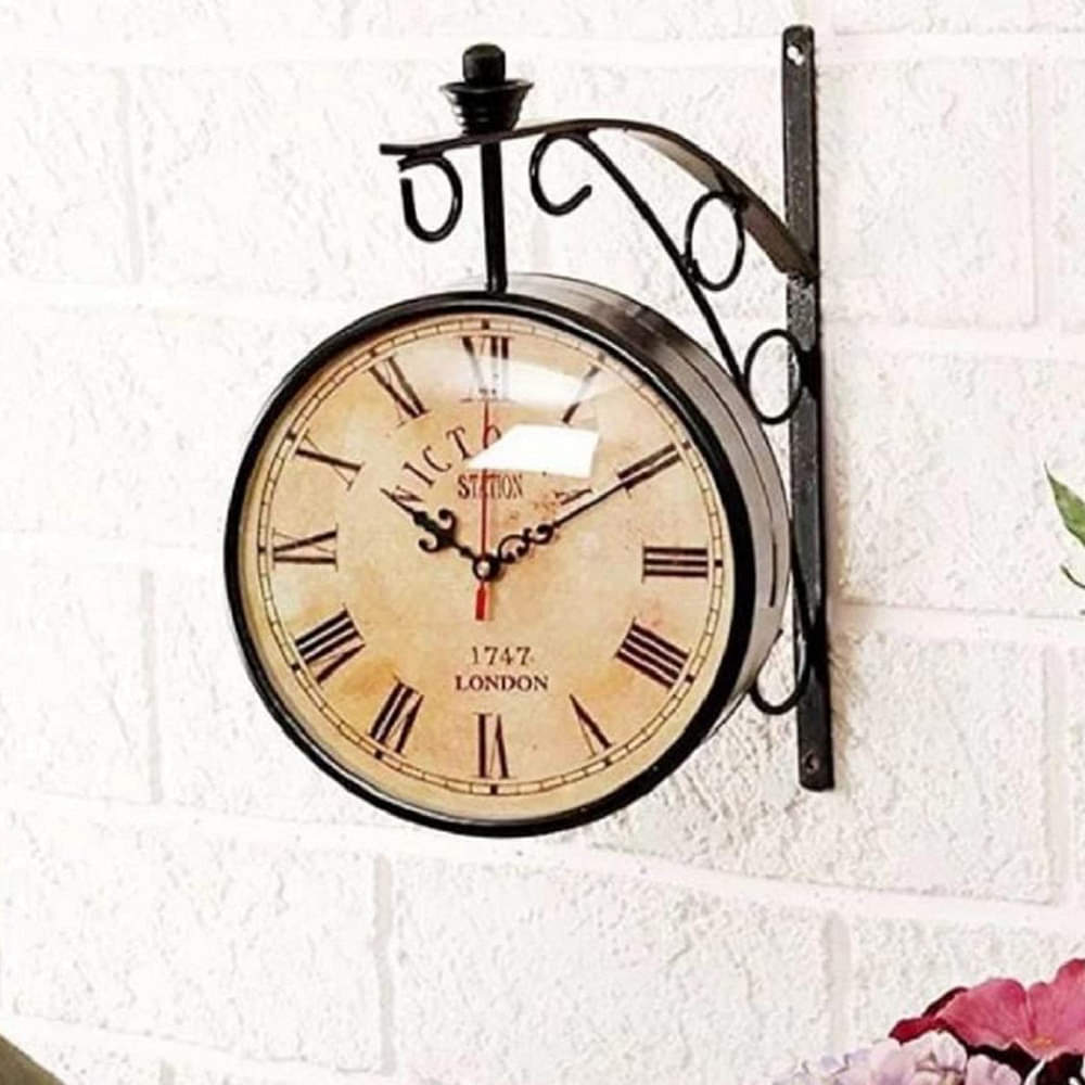 London Vintage Victoria Metal Double Sided Station Wall Clock with Dial (Brown dial, 8 inches) - photo