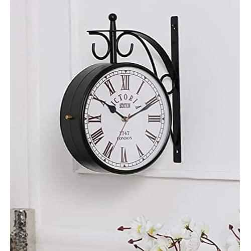 Antique Metal Double Sided Railway Station Analogue Wall Clock (Black, 8 inch) - photo