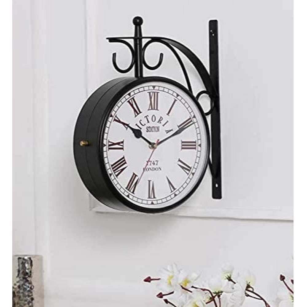 Antique Metal Double Sided Railway Station Analogue Wall Clock (Black, 8 inch) - photo