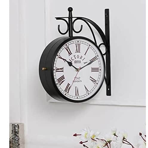 Antique Metal Double Sided Railway Station Analogue Wall Clock (Black, 8 inch) - front_view