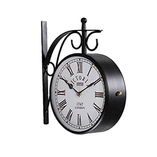 Antique Metal Double Sided Railway Station Analogue Wall Clock (Black, 8 inch) - rear_view