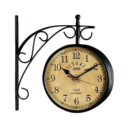 8 inch Antique Victoria Station Metal Clock Double Sided Clock Vintage Railway Clocks (Black) - front_view