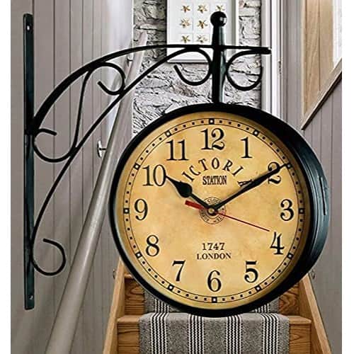 8 inch Antique Victoria Station Metal Clock Double Sided Clock Vintage Railway Clocks (Black) - left_view