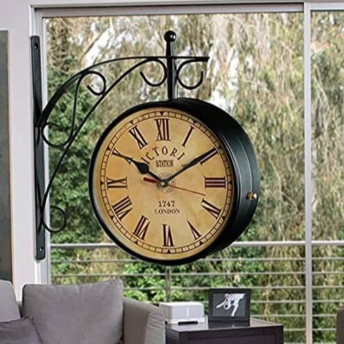 Victoria Iron Dia Retro Double Sided Station Railway Wall Clock (Black, 8 Inch)