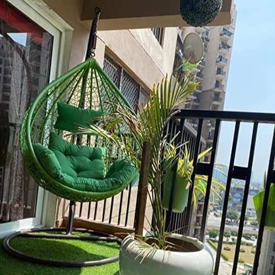 Single Seater Outdoor Swing Chair With Green Cushions - front_view