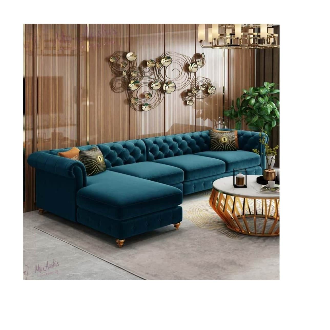 L- Shape Chesterfield  Blue sofa - rear_view