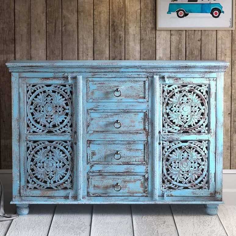 Blue Distress Finish Wooden Sideboard - photo