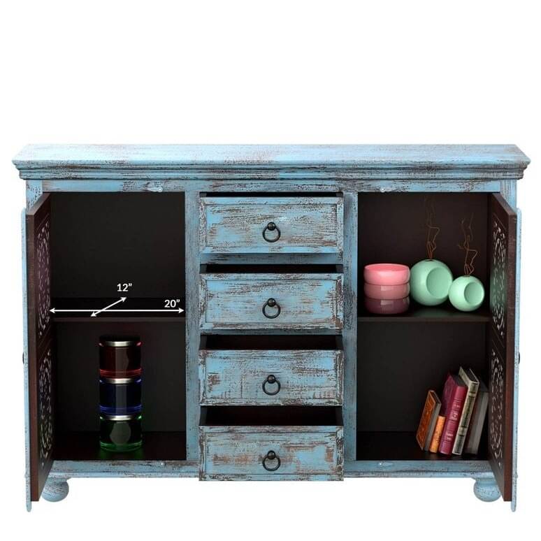 Blue Distress Finish Wooden Sideboard