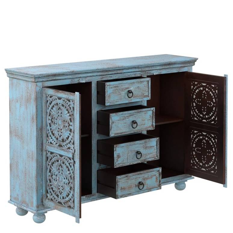 Blue Distress Finish Wooden Sideboard