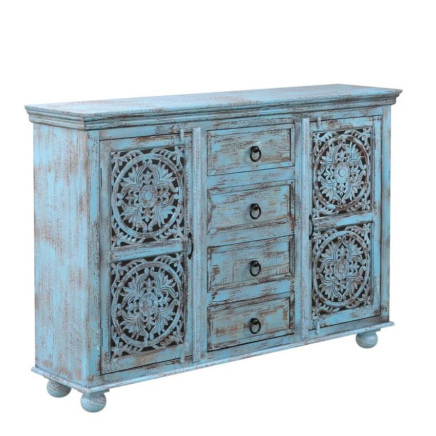 Blue Distress Finish Wooden Sideboard