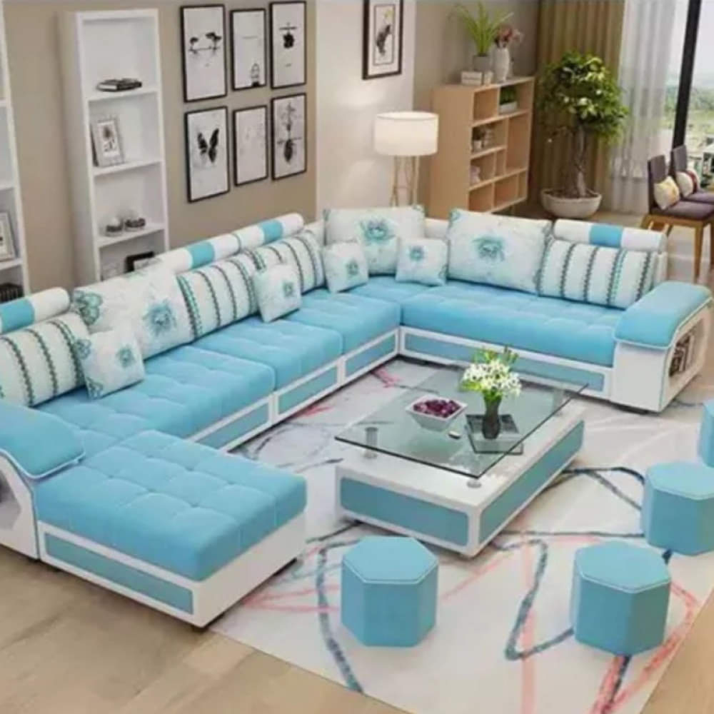 U shape sofa set 9 seater with Tea Table & 4 Puffy (Light Blue) - photo
