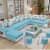 U shape sofa set 9 seater with Tea Table & 4 Puffy (Light Blue) - front_view