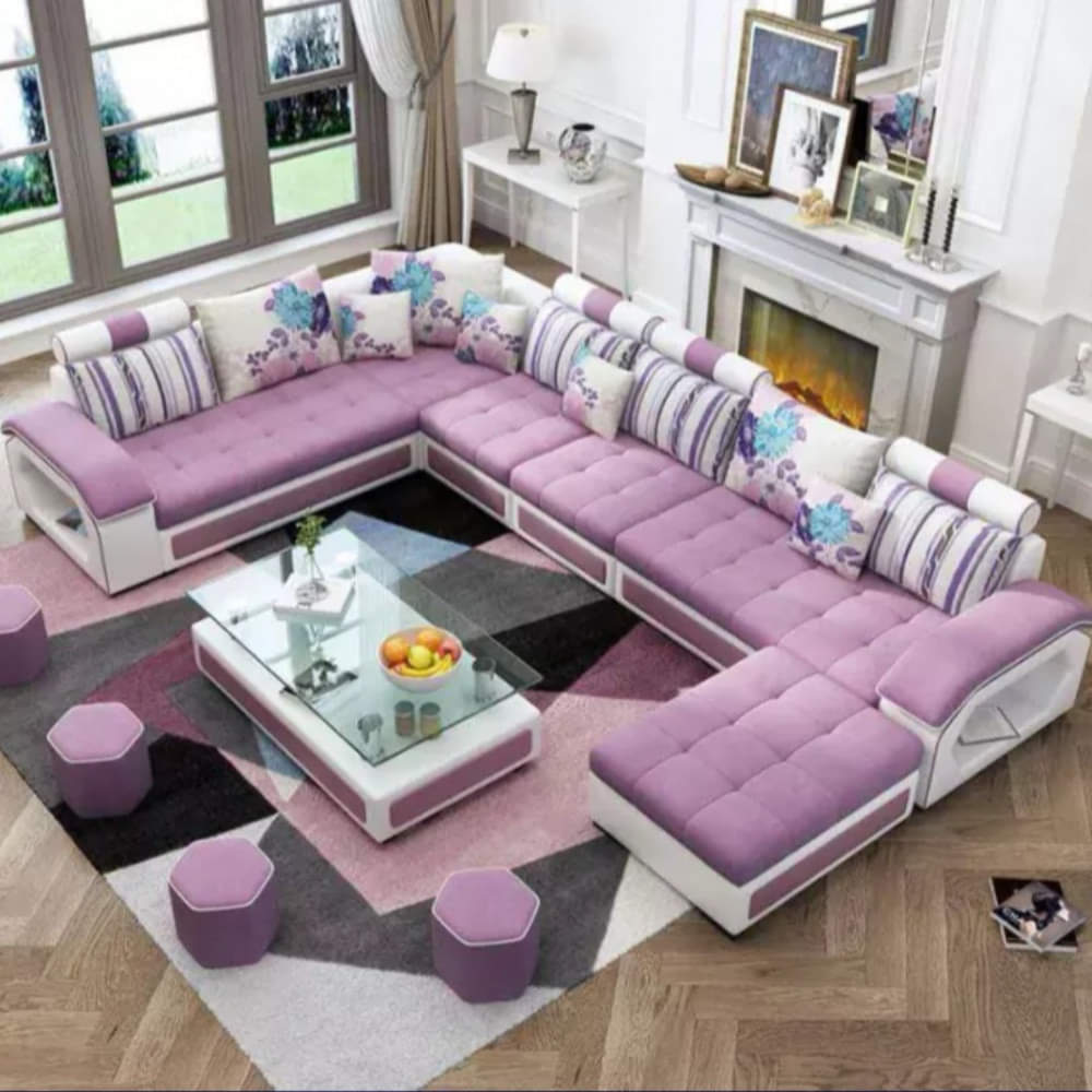 U Shape Sofa Set 9 Seater With Tea Table & 4 Puffy (Purple) - photo