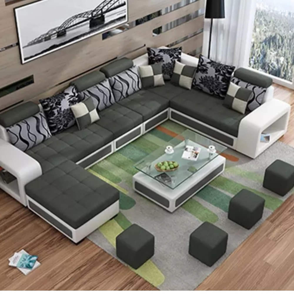 U Shape Sofa Set 9 Seater With Tea Table & 4 Puffy (Jasper) - photo