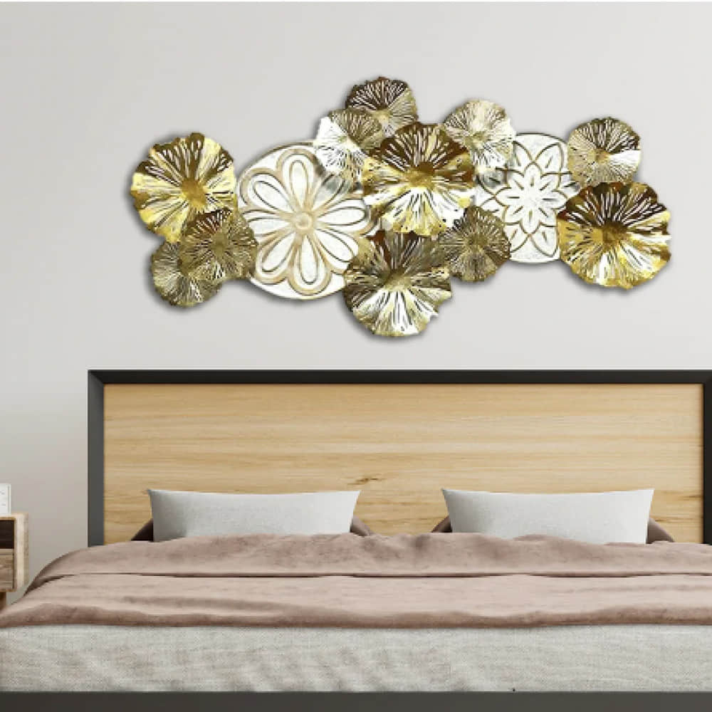 Flowers Design in white and golden Large Metal Wall Art - photo