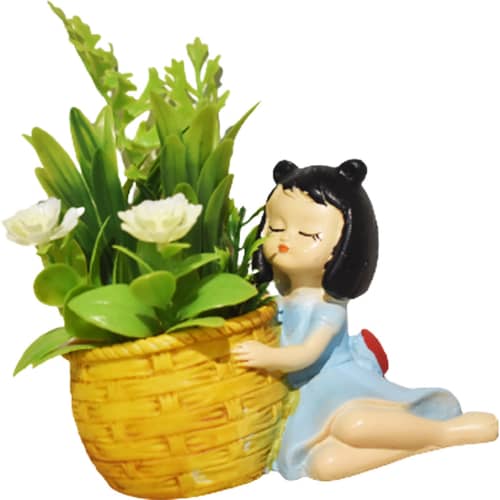 Resin Girl Shape Pot With Artificial Plants (set of 1)