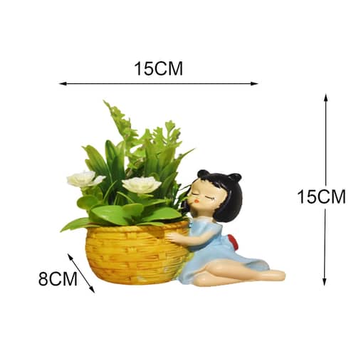 Resin Girl Shape Pot With Artificial Plants (set of 1)