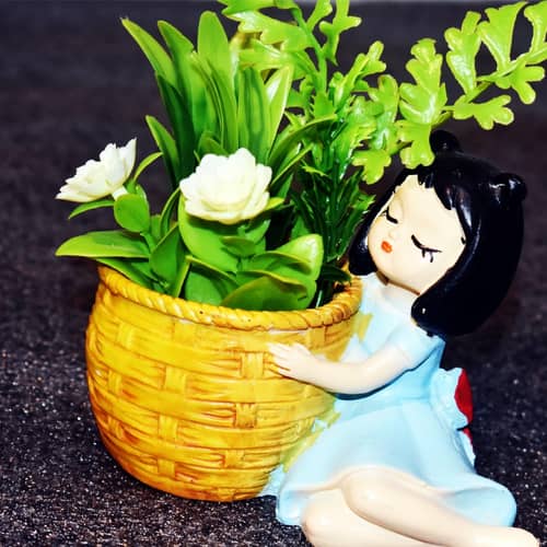 Resin Girl Shape Pot With Artificial Plants (set of 1)