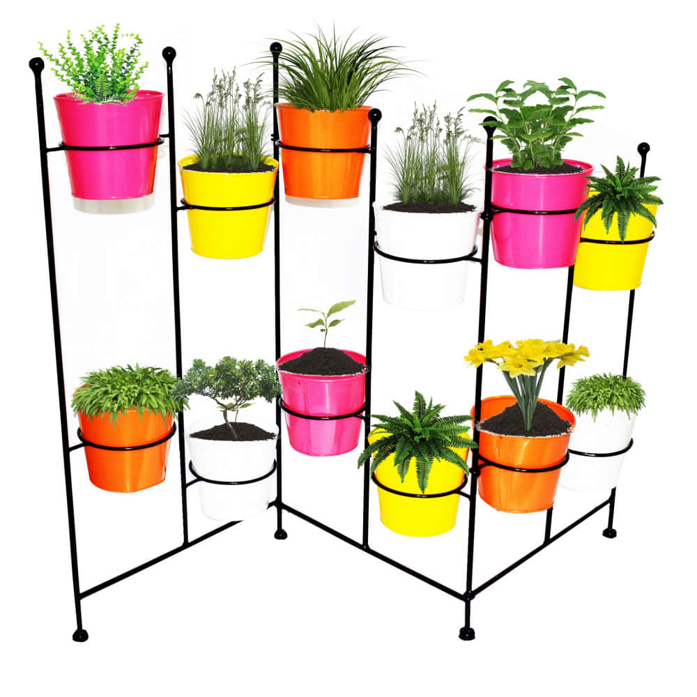 Metal Planter Foldable Stand With 12 Pot Holder (Black) - photo