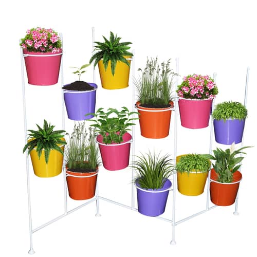 Metal Planter Fordable Stand with 12 Pot Holder (White)