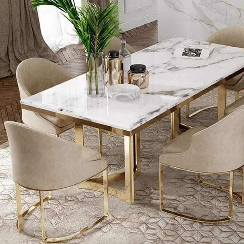 Modern Stainless Steel Base and Marble Top Dining Table - photo
