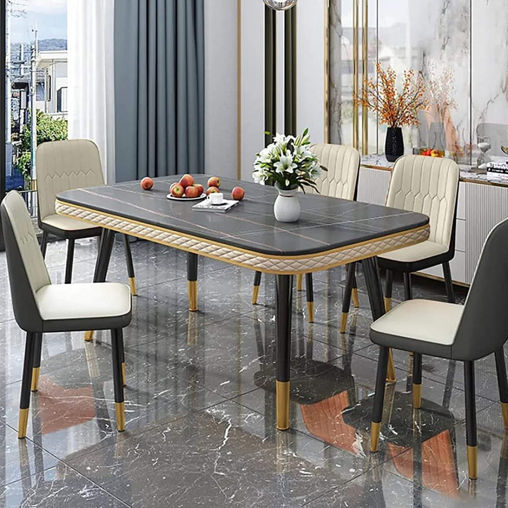 Stone Dining Table Set for 8 with Microfiber Leather Chairs - photo