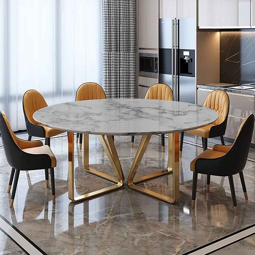Modern Round 6 Seater Dining Table with Marble Top Stainless Frame - photo