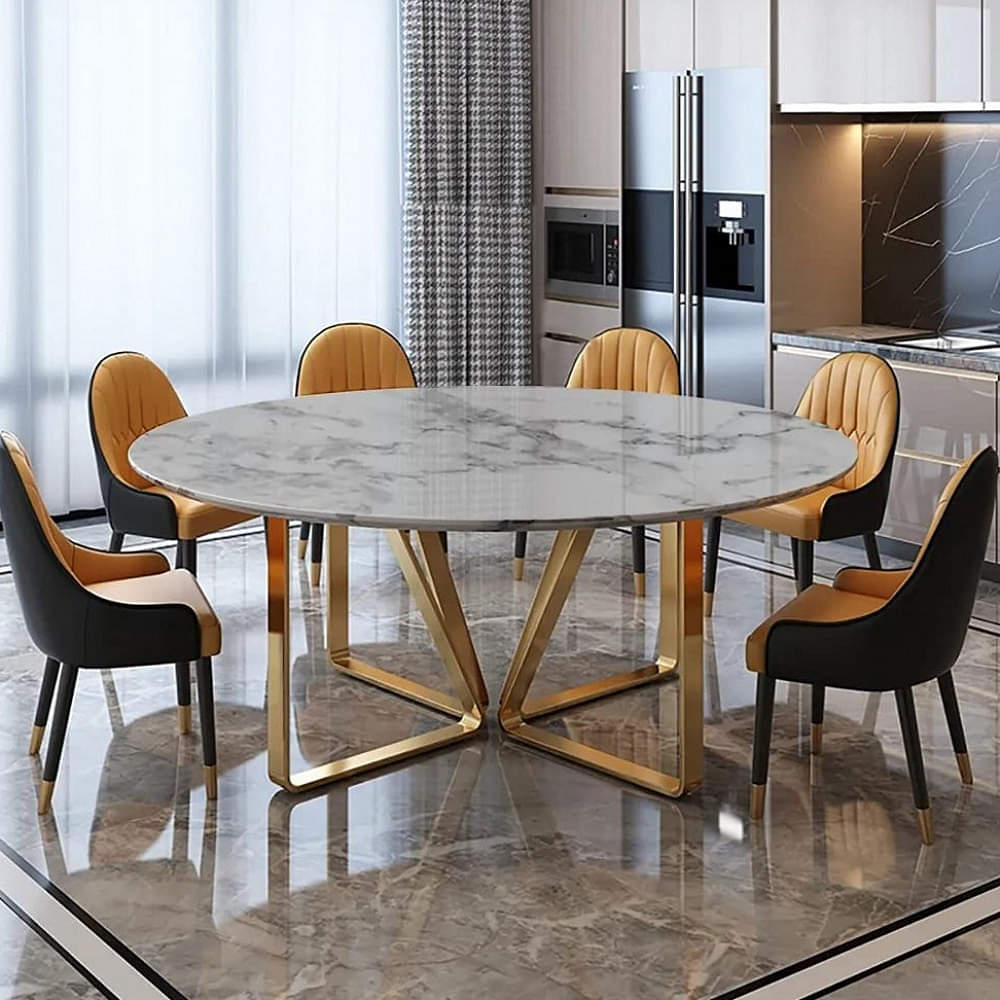 Modern Round 6 Seater Dining Table with Marble Top Stainless Frame - photo