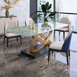 Modern Luxury Rectangular 4 Seater Dining Table Stone Top with Gold Stainless Steel - photo