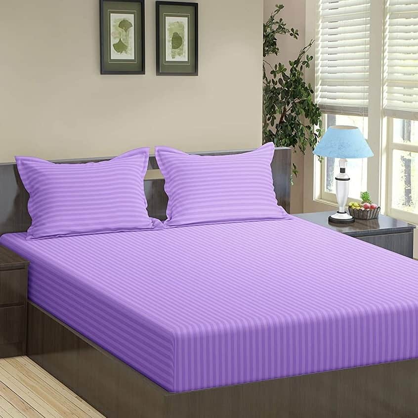 Self Stripe Pure Cotton Purple Queen Size Bedsheet with 2 Pillow Covers