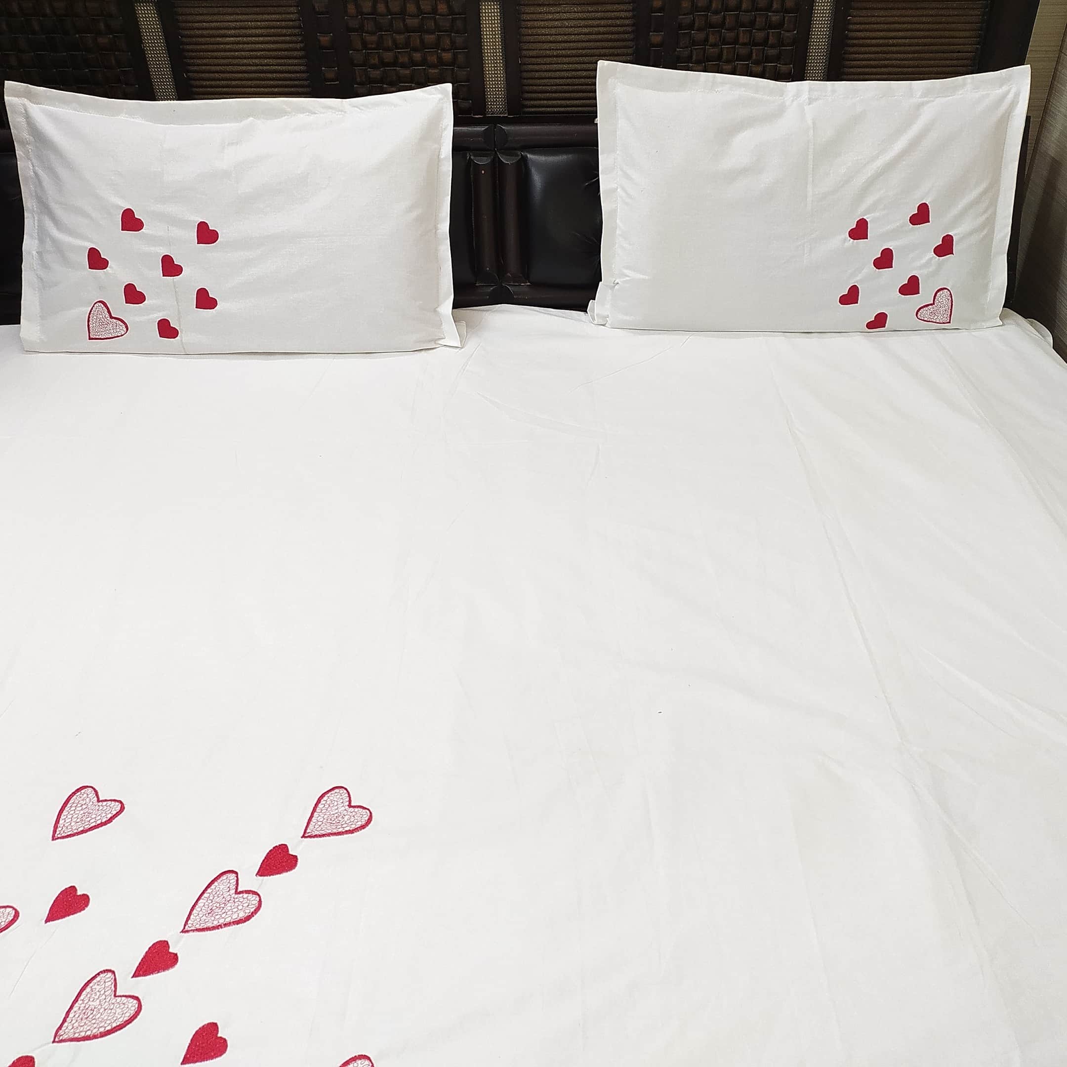 Beautiful Heart Embroidery Double Bedsheet With Two Pillow Covers (Pure Cotton)