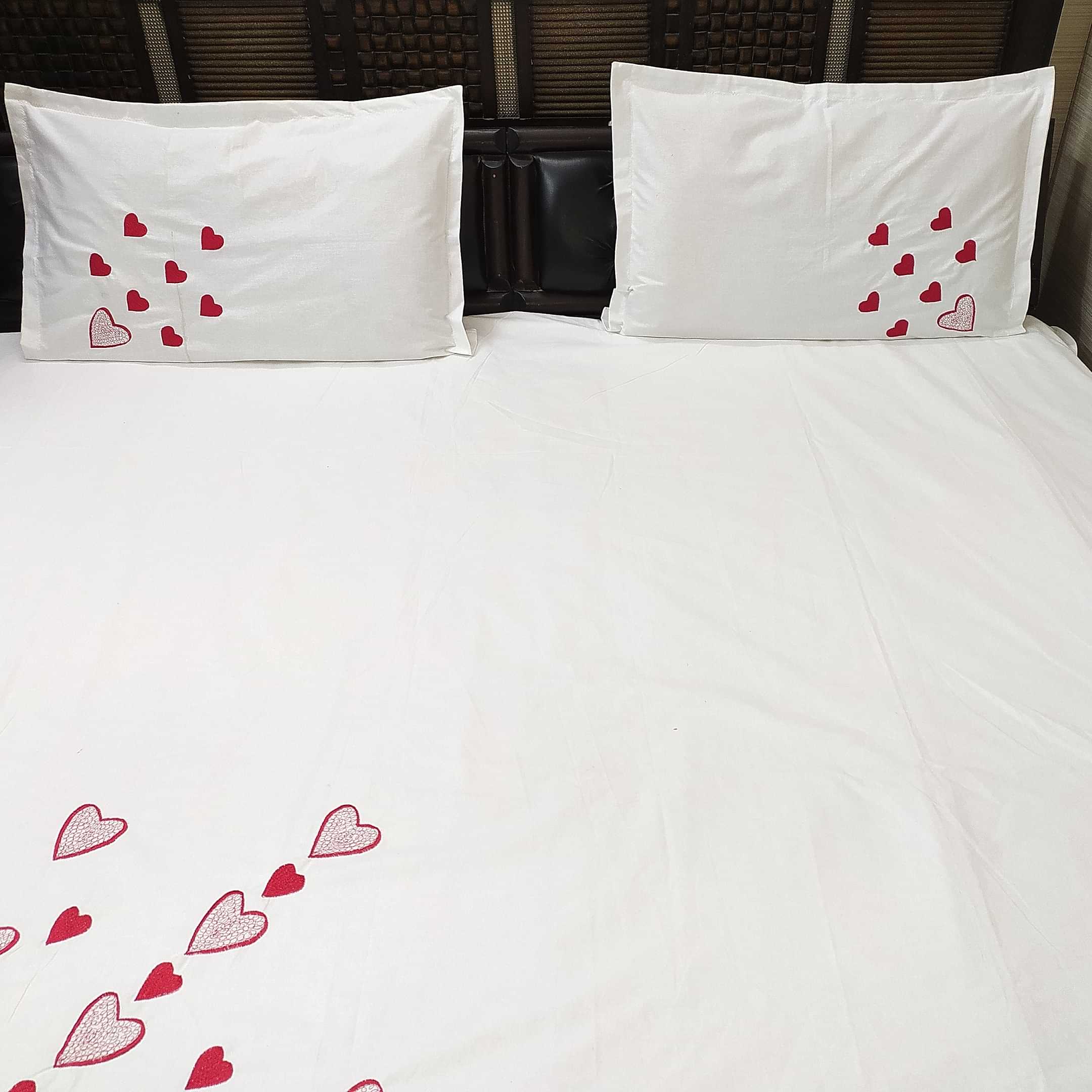 Beautiful Heart Embroidery Double Bedsheet With Two Pillow Covers (Pure Cotton) - photo